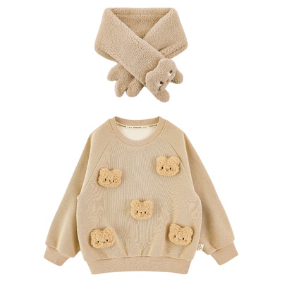 幼悠女童2025冬季新款加绒加厚小熊圆领卫衣时尚保暖儿童毛绒围巾