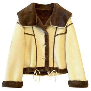 复古羊羔毛翻领加绒加厚麂皮外套女2025冬季新款皮毛一体短款夹克