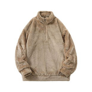 外套青年男冬款北极绒半拉链外套宽松休闲保暖套头衫毛茸立领卫衣
