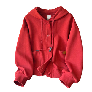 红色连帽卫衣外套女2025春秋薄款宽松秋冬加绒加厚开衫女士上衣潮