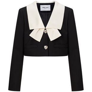 明星同款糖力 千金套装 拼色蝴蝶结西装翻领短外套裙裤两件套女