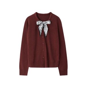 XWI欣未含羊毛丝巾设计感针织开衫女2025年秋冬显瘦百搭红色上衣