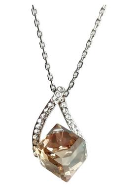 橙色水晶小方糖吊坠铜镀白金项链