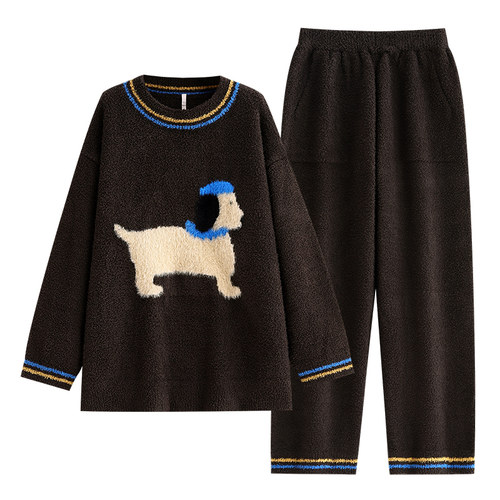 悦内半边绒睡衣女冬季秋冬款珊瑚绒软绵绵毛绒家居服卡通狗可外穿