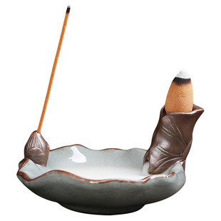 倒流香薰炉陶瓷哥窑室内家用创意摆件复古沉香线香插座荷花檀香炉