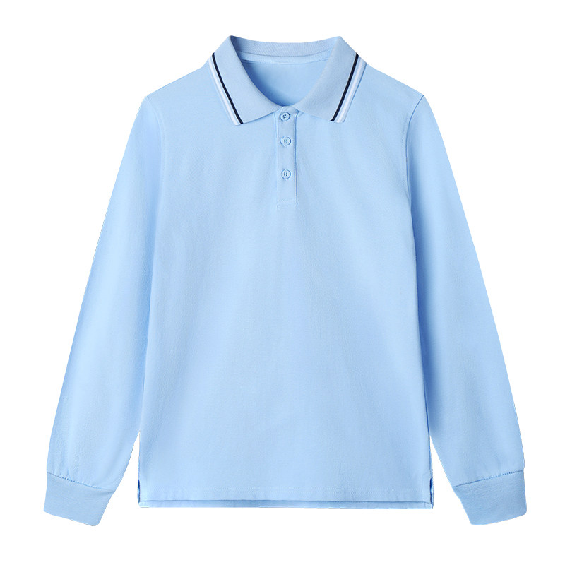 男女童t恤春秋翻领条纹长袖儿童polo衫夏季班服浅蓝T恤小学生校服