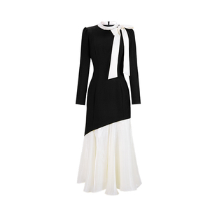 CHICHY法式千金长袖拼接鱼尾连衣裙女25冬季新款黑色修身宴会长裙