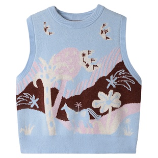 有耳uare原创设计 梦见牧场 撞色小马郁金香飞鸟提花针织背心上衣
