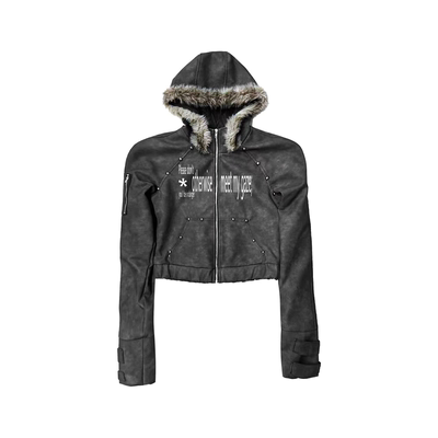 DETW毛领连帽短款皮质夹克外套