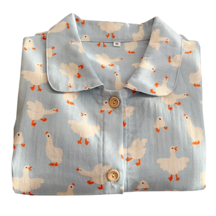 卡通大白鹅印花睡衣女款春夏季纯棉纱布双层薄款长袖家居服套装