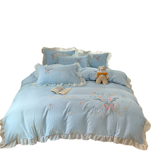 春宴 纯棉床上四件套100全棉公主风荷叶边被套床单床笠轻奢刺绣