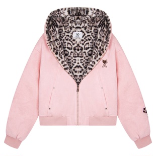 SREK秋冬可爱兔耳朵宽松棉衣开衫男女豹纹内里连帽卫衣加绒外套