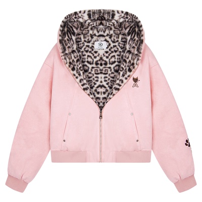 SREK秋冬可爱兔耳朵宽松棉衣开衫男女豹纹内里连帽卫衣加绒外套