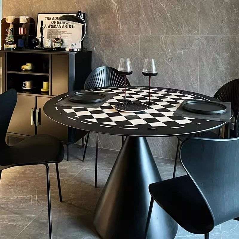 法式奶油风岩板圆形餐桌现代家用简约圆桌饭小户型组合家居桌椅