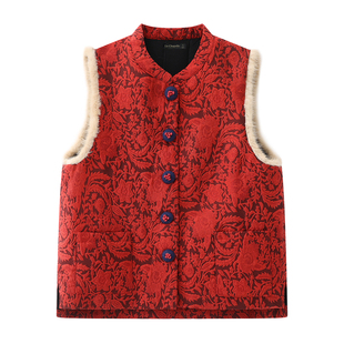 拉夏贝尔/La Chapelle国风新年红色提花马甲女冬季新款保暖背心