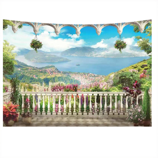 欧式度假风景窗户超大背景布墙壁装饰挂毯床头卧室植物壁画挂布