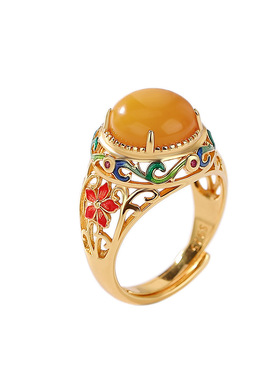 山予棠S925纯银镀金蜜蜡珐琅镂空花朵戒指国潮宫廷风复古优雅指环