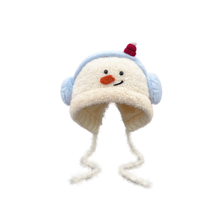 2025新款可爱雪人毛绒系带护耳帽子女冬季骑行防寒保暖雷锋帽百搭