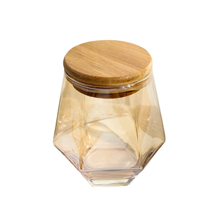 六角玻璃杯手工diy香薰蜡烛杯彩色透明钻石杯木盖杯子创意容器瓶