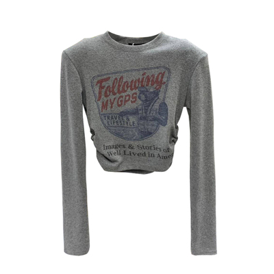 垫肩纯棉长袖t恤短款辣妹风印花