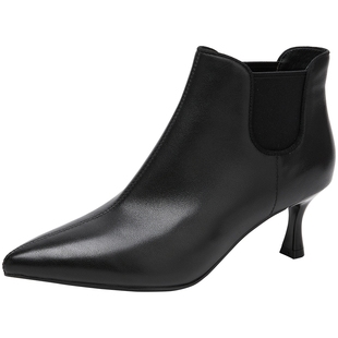 商场同款百田森洋气小短靴2025新款靴子真皮高跟靴细跟法式小踝靴