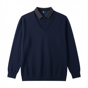 啄木鸟爸爸秋冬装假两件毛衣男加绒加厚内搭针织衫衬衫领保暖毛衫