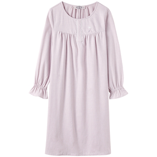 美标女新款长袖纯棉睡裙春秋甜美梭织磨毛全棉睡衣可外穿家居服冬