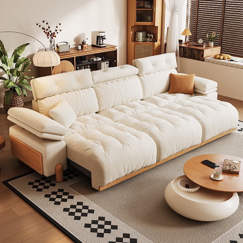 思途日式原木风电动功能沙发客厅2025新款可伸缩奶油风布艺沙发床