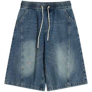 CoosRetro美式复古立体裁线磨白七分牛仔短裤男女夏季抽绳休闲裤