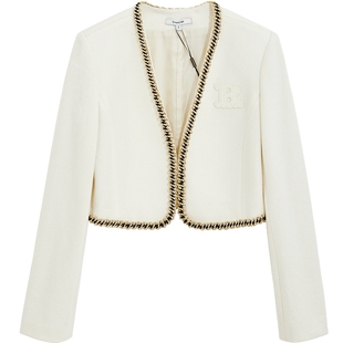 bebe春夏女士含羊毛立体刺绣金属链条粗花呢短款外套140309