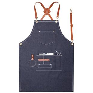 理发店牛仔背带围裙定制印logo发型美发师男女时尚成人工作服围腰