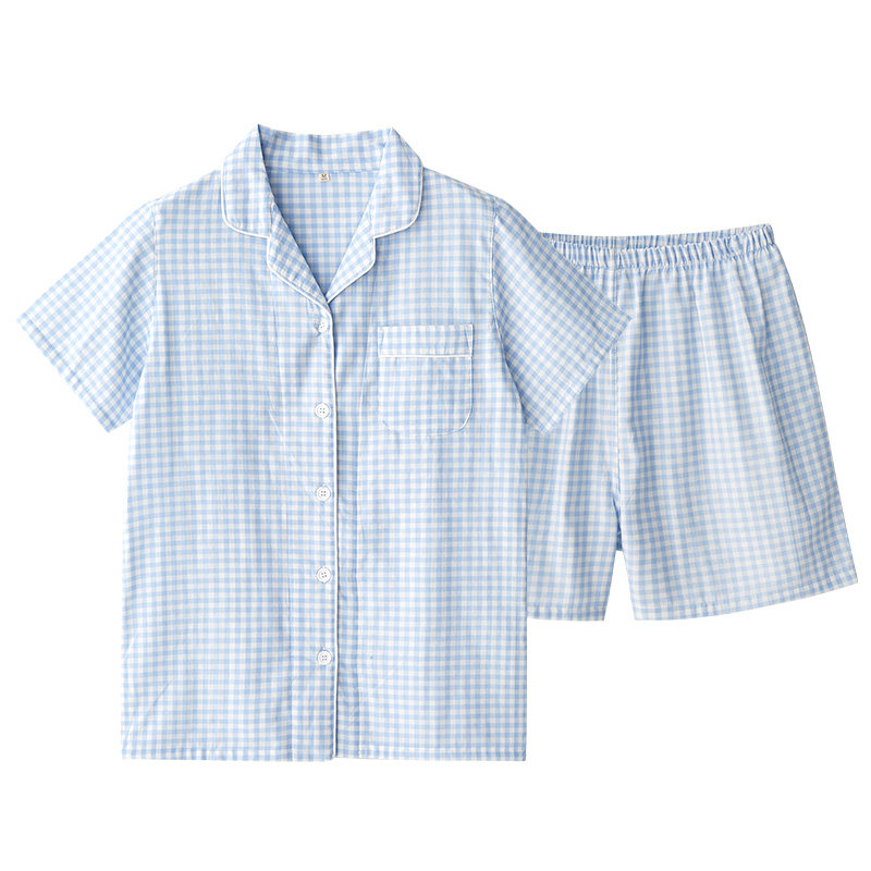 纯棉纱布睡衣女夏天短袖短裤情侣套装薄款格子家居服男士全棉大码