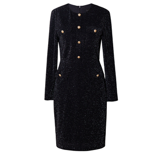 罗衣知性圆领修身连衣裙女春优雅小香风针织亮丝短款包臀裙12816