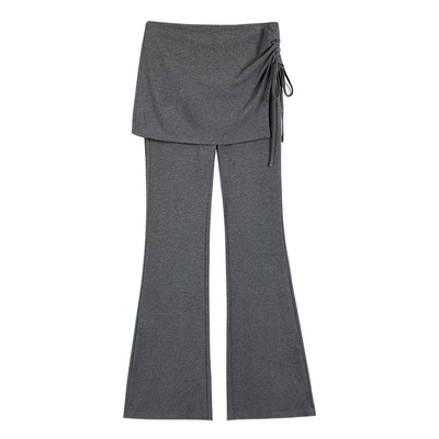 pusumede侧抽绳假两件屁帘拼接休闲裤女设计感直筒针织喇叭裤长裤