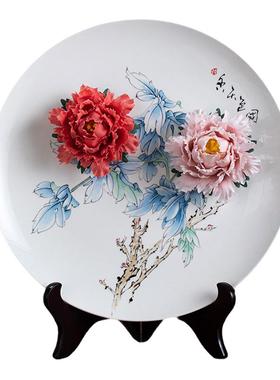 手绘手工牡丹花陶瓷挂盘洛阳家居牡丹瓷摆件博古架乔迁新居装饰品