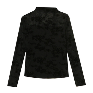 加绒打底衫女长袖秋冬欧货气质植绒印花网纱上衣紧身内搭t恤小衫