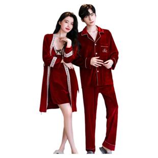 情侣睡衣女性感秋冬季金丝绒红色结婚新婚吊带裙睡袍高级感男套装