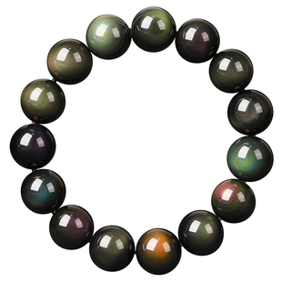 天然彩虹眼黑曜石手串男士女本命年手链双绿眼猫眼石紫眼金黑耀石