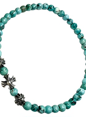 原创天然原矿绿松石4mm通体925银配饰十字架男女款文玩手串银手链