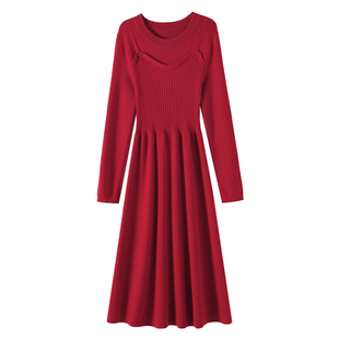 OSA欧莎新年红假两件连衣裙女2025年新款冬季过膝中长款打底裙子