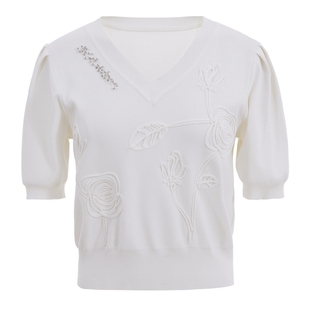 COCOON商场同款气质V领刺绣设计感通勤针织衫春款