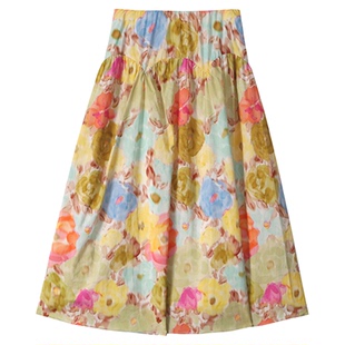 有耳uare原创设计 落日珊瑚 全棉油画热带印花半身裙A字中长裙