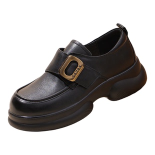 红蜻蜓女鞋春季厚底乐福鞋金属方扣英伦风小皮鞋百搭黑色增高单鞋