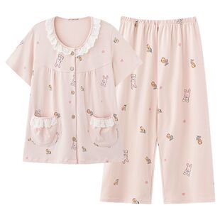 浪莎睡衣夏季女款纯棉短袖七分裤2026新款夏款中年妈妈家居服套装