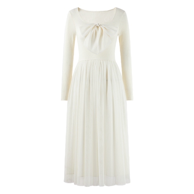 秋水伊人蝴蝶结针织收腰连衣裙