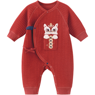 新生婴儿连体衣秋冬季宝宝夹丝棉保暖哈衣红色喜庆拜新年和尚服