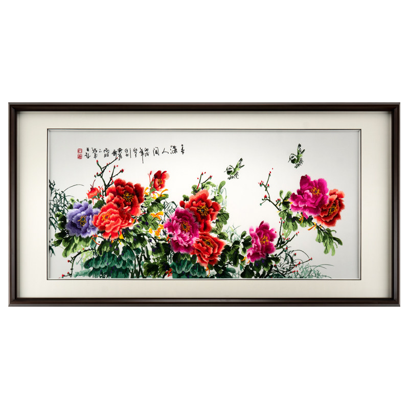 苏绣牡丹客厅背景墙装饰挂画