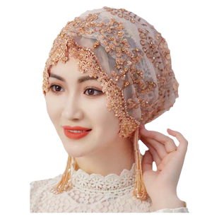 回帽子头巾帽子女包头时尚手工串珠帽子盖头真丝绣网纱流苏遮发帽