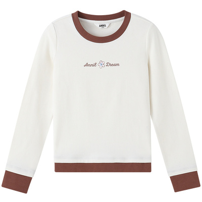 安奈儿童装女童圆领长袖T恤2025秋新款短款时尚拼色弹力打底衫
