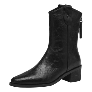 红蜻蜓尖头切尔西短靴女款2025新款冬季高跟鞋瘦瘦女靴粗跟时装靴